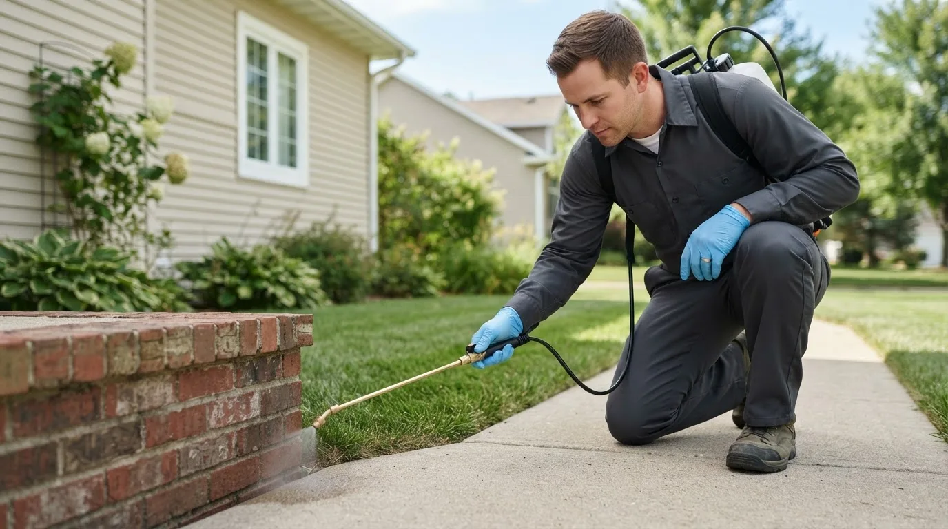 Pest control technician treating a home near Wannaska, MN